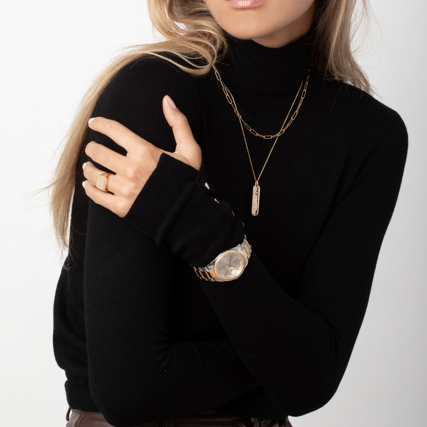 Stainless steel silver & gold | Silver urtavla och vita zirkoner